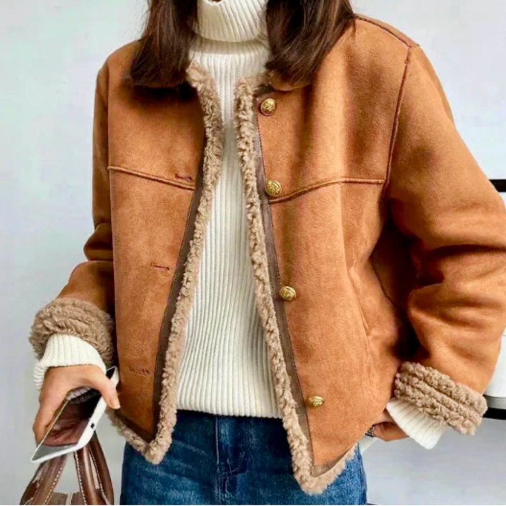Shearling Lined Faux Suede Jacket with Button Front Closure